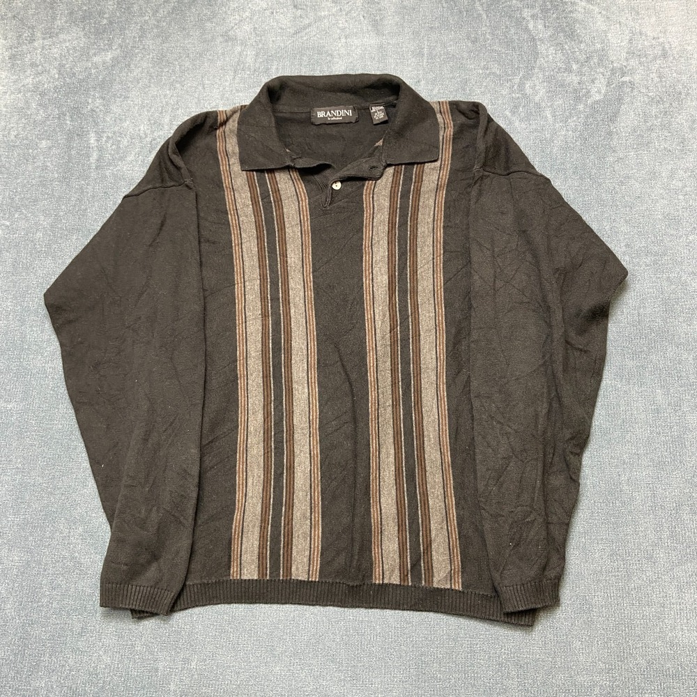 Brandini Rugby Polo Shirt Men Large Black Beige Striped Cotton Blend Long Sleeve